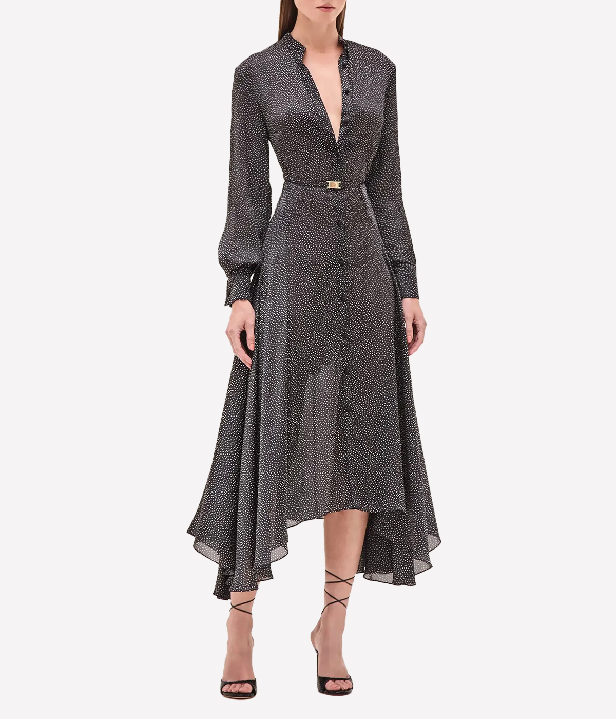 ALT text: Long sleeve collared maxi dress with gold scrunch belt at the waist, style Monico.