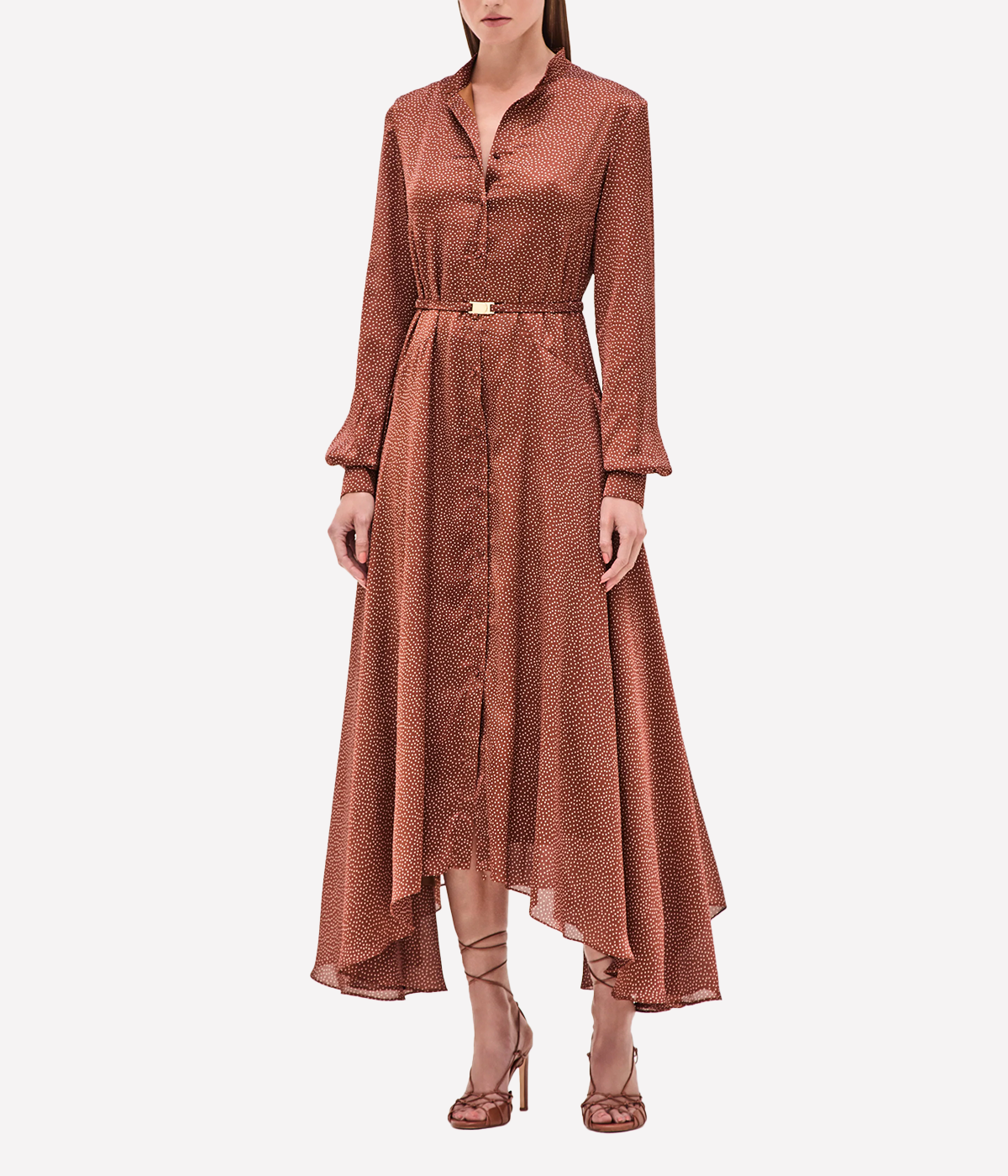 ALT text: Sienna dot print maxi shirt dress with gold scrunch belt, long sleeves, and button-down front, style Monico.