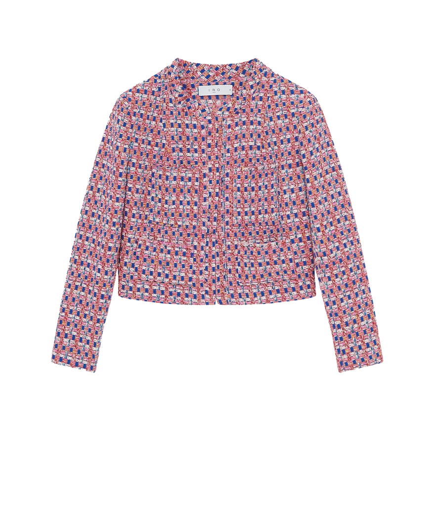 Multicolour pink,  blue and orange tweed jacket by IRO. Round neck and straight cut, versatile piece easy to throw on with anything in your wardrobe.