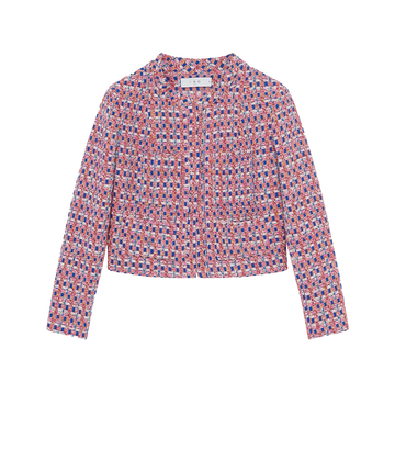 Multicolour pink,  blue and orange tweed jacket by IRO. Round neck and straight cut, versatile piece easy to throw on with anything in your wardrobe.