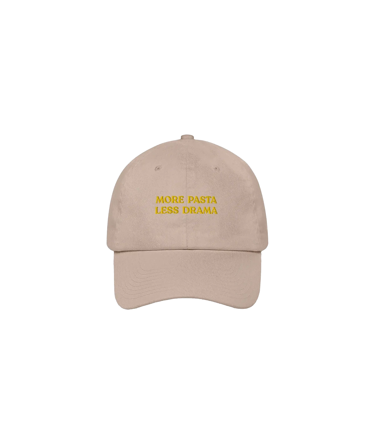 Beige cap with "More Pasta, Less Drama" embroidered – a playful accessory for carb lovers and peacekeepers.