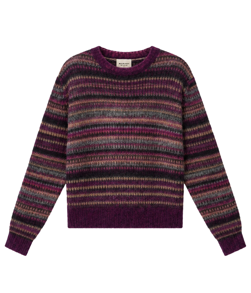 A long-sleeve crewneck knit sweater with horizontal stripes in shades of purple, burgundy, grey, and beige - Morine Mohair Sweater In Plum