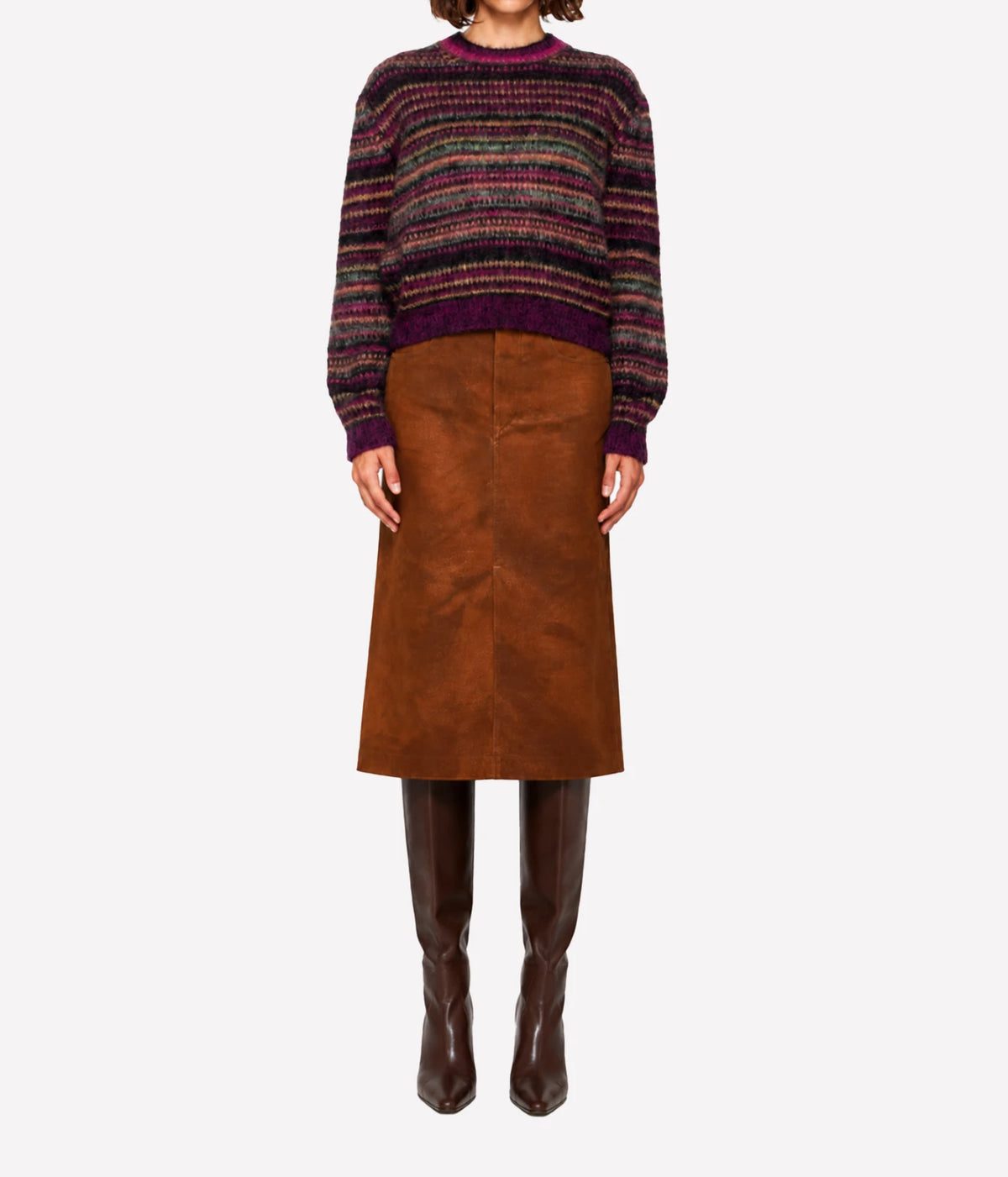 A model wearing a multicolour striped knit sweater, a brown suede skirt, and dark brown leather boots - Morine Mohair Sweater In Plum