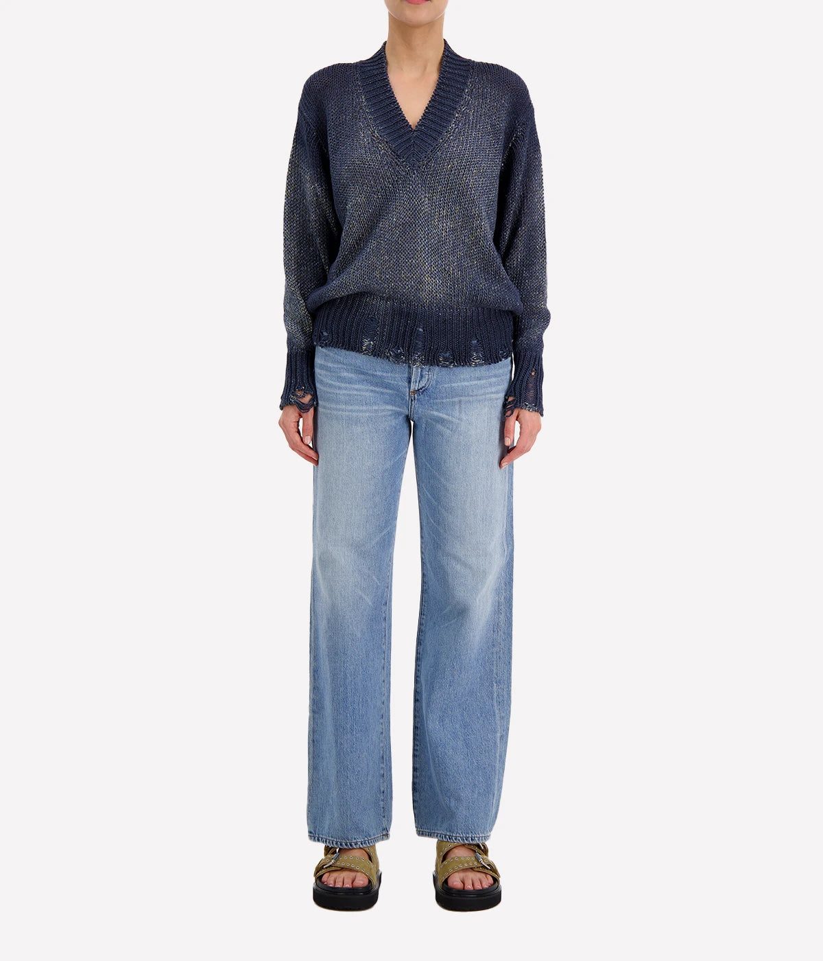 Mouline V Neck Pullover in Blue Navy