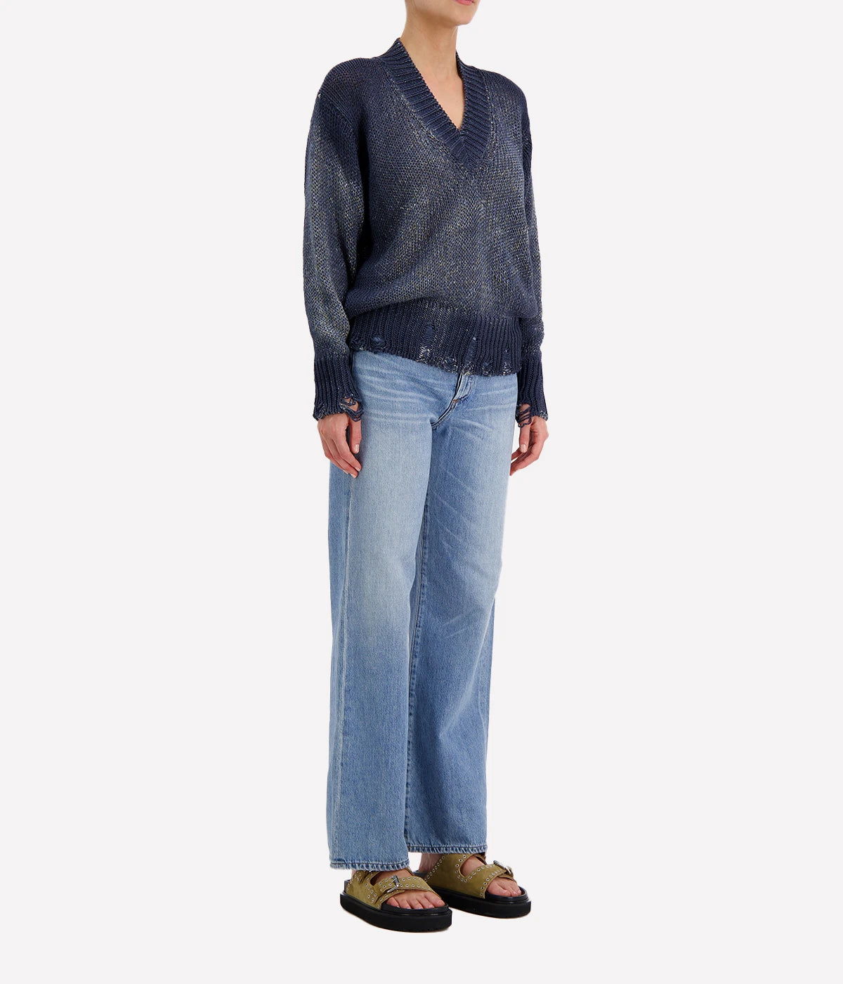 Mouline V Neck Pullover in Blue Navy