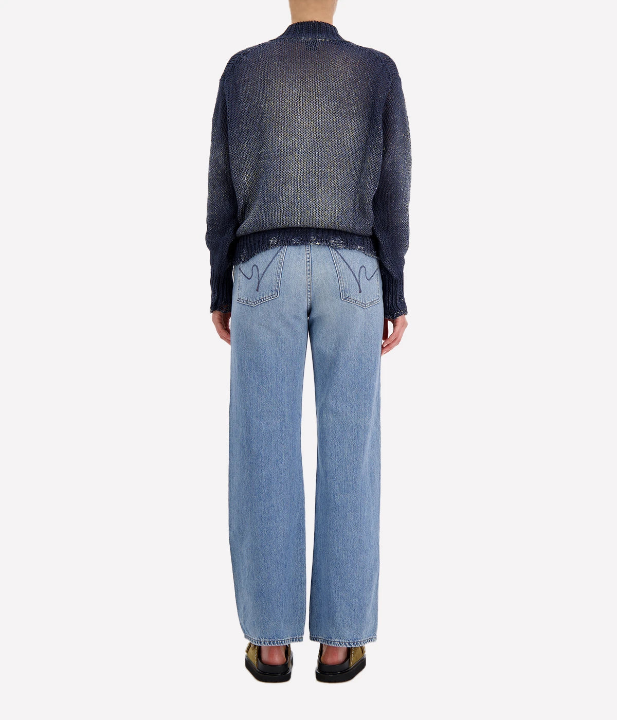 Mouline V Neck Pullover in Blue Navy