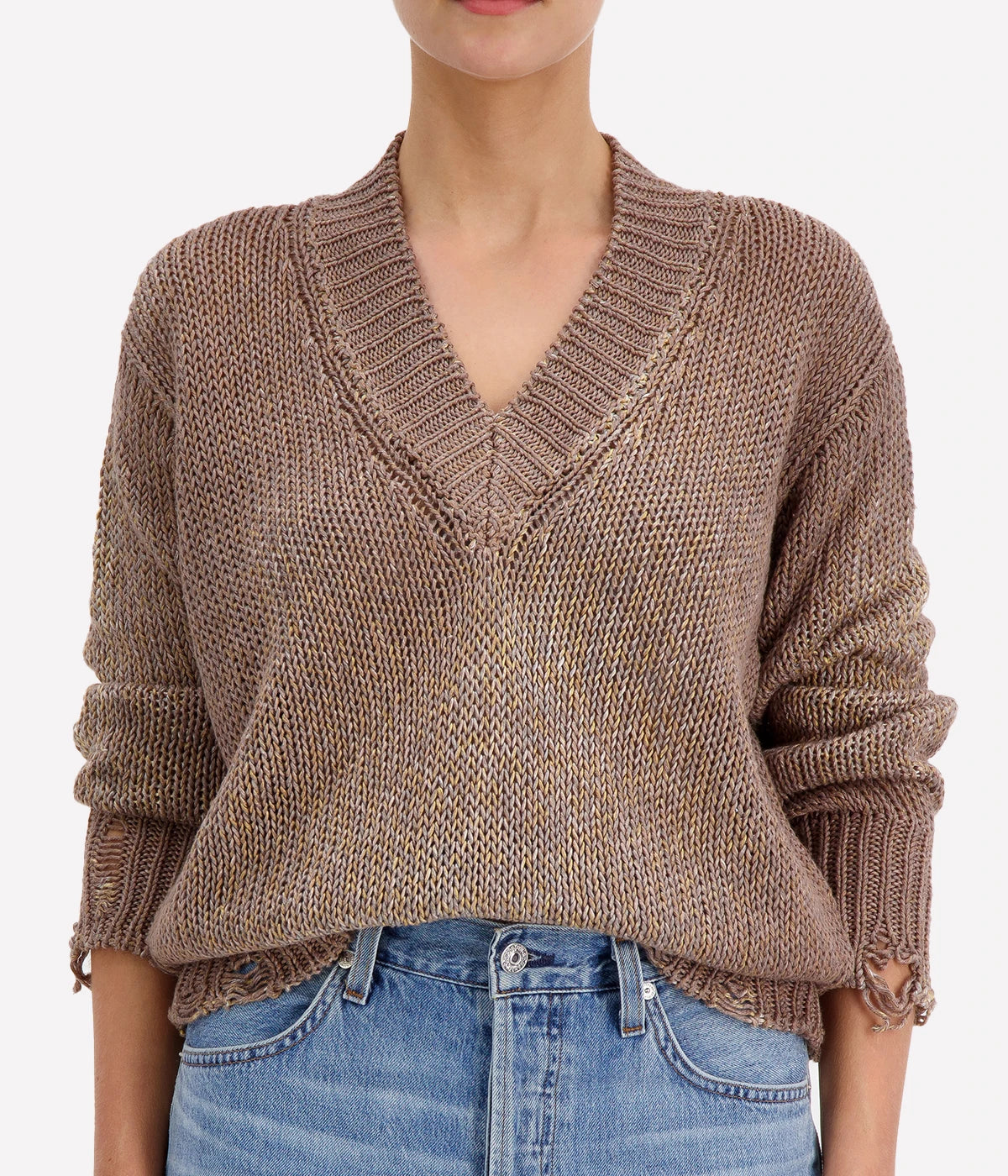 Mouline V Neck Pullover in Taupe