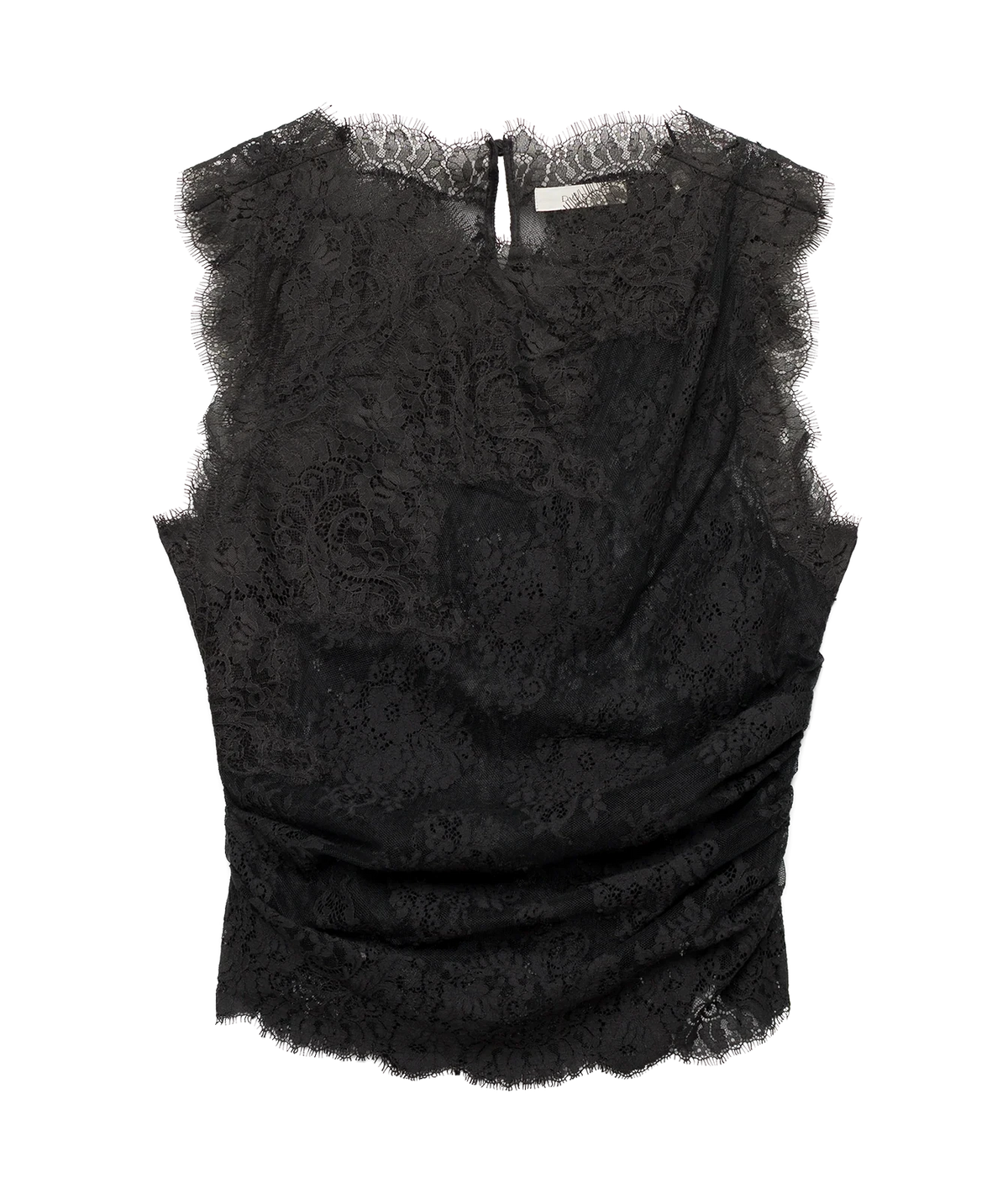 DÔEN Nailah Top In Black laid flat, showing the sleeveless black lace body, scalloped neckline and ruched side detail