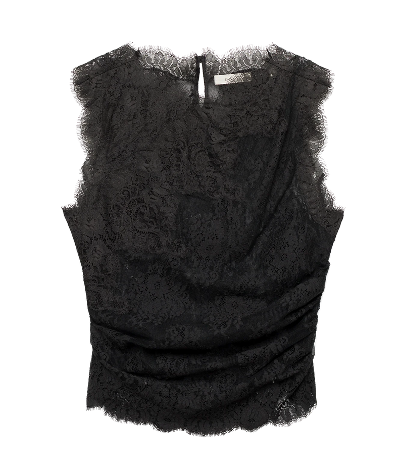 DÔEN Nailah Top In Black laid flat, showing the sleeveless black lace body, scalloped neckline and ruched side detail