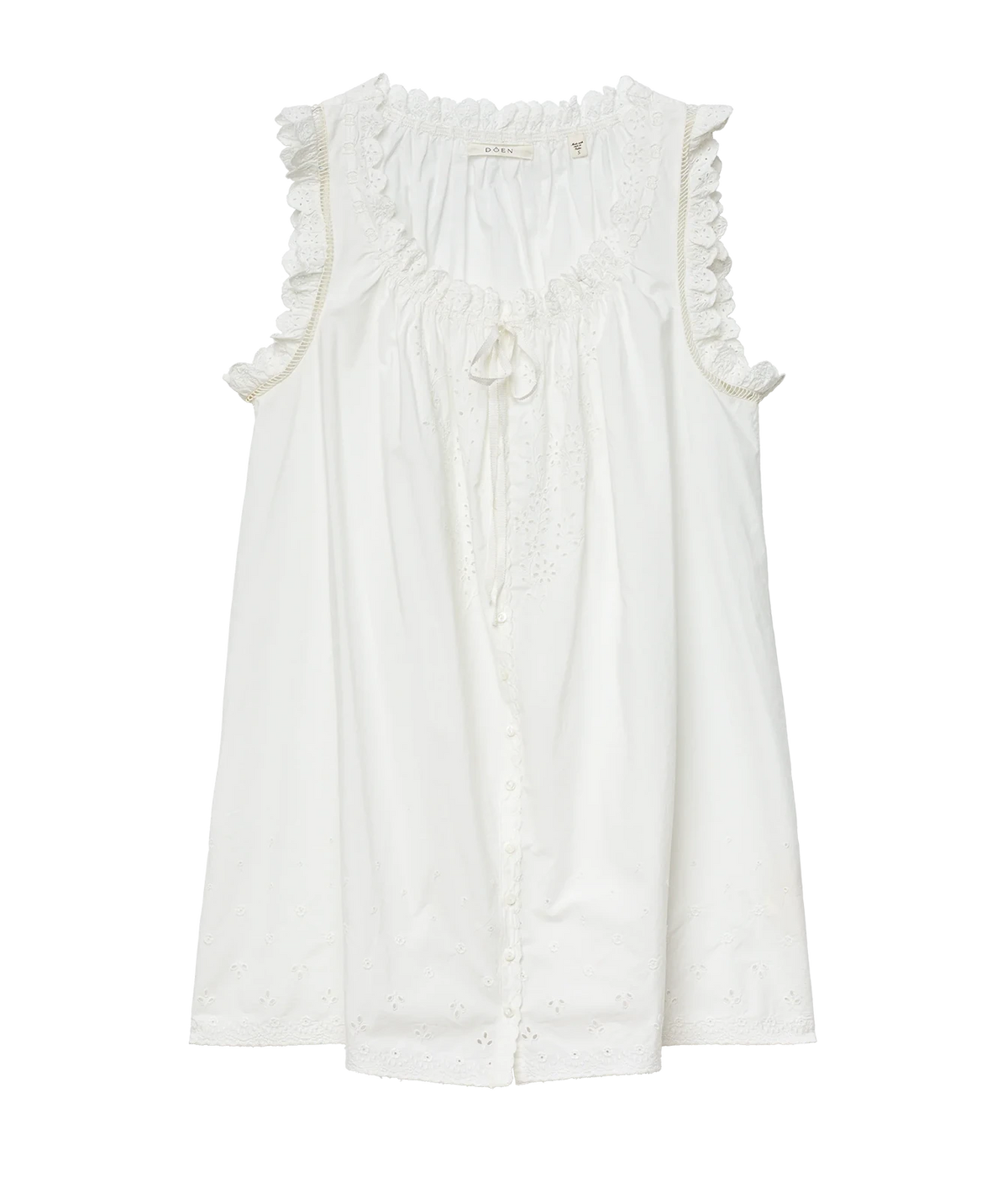 DÔEN Nessie Dress in Salt, product view highlighting the scoop neckline, ruffled straps and eyelet embroidery.