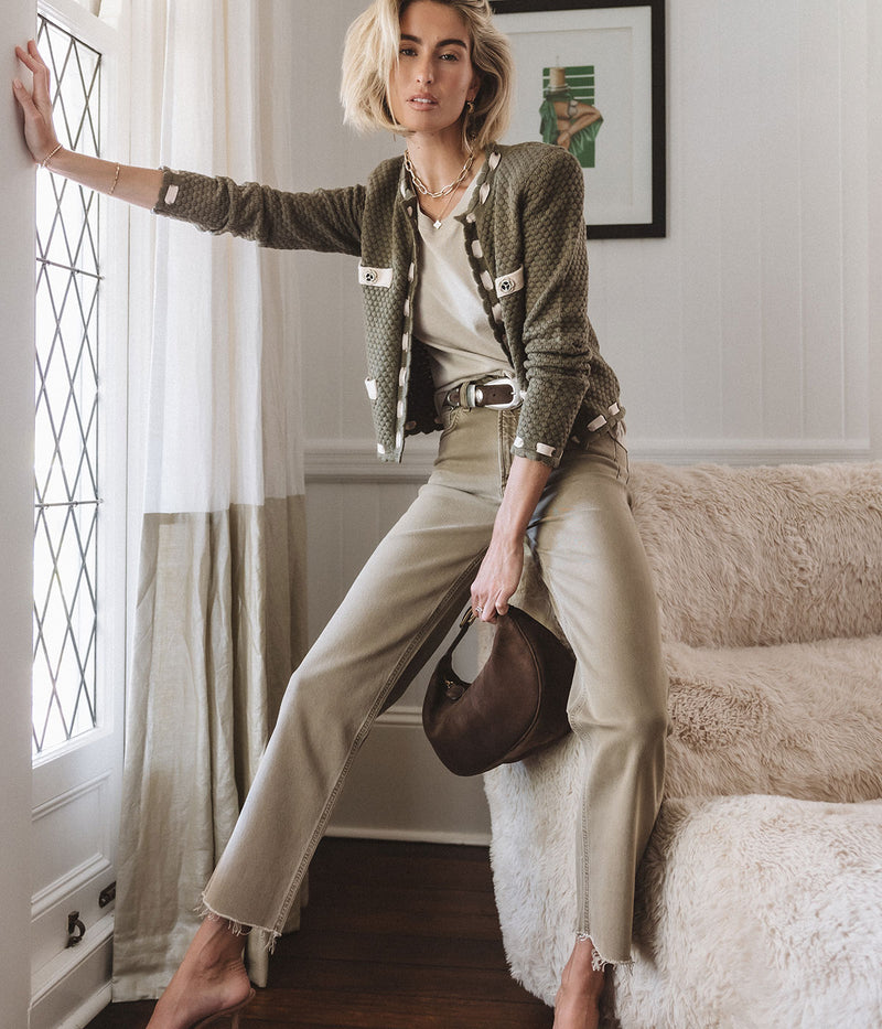 Astor Contrast Trim Cardi in Army/Biscuit