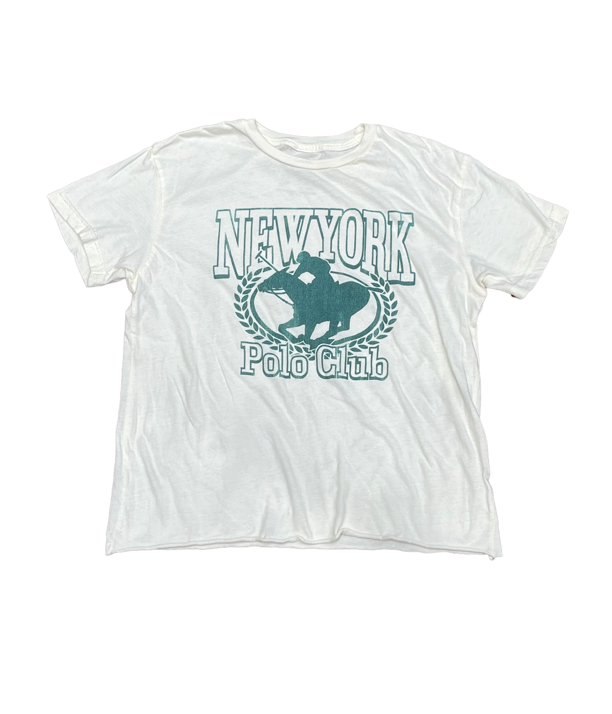 ALT text: Vintage white cotton tee with NY Polo Club graphic and relaxed fit.