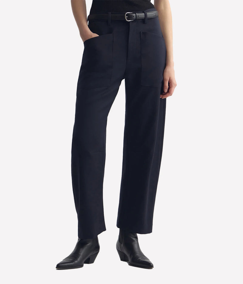 Nili Lotan Shon Wool Pant in Midnight, close-up front view on model with belt