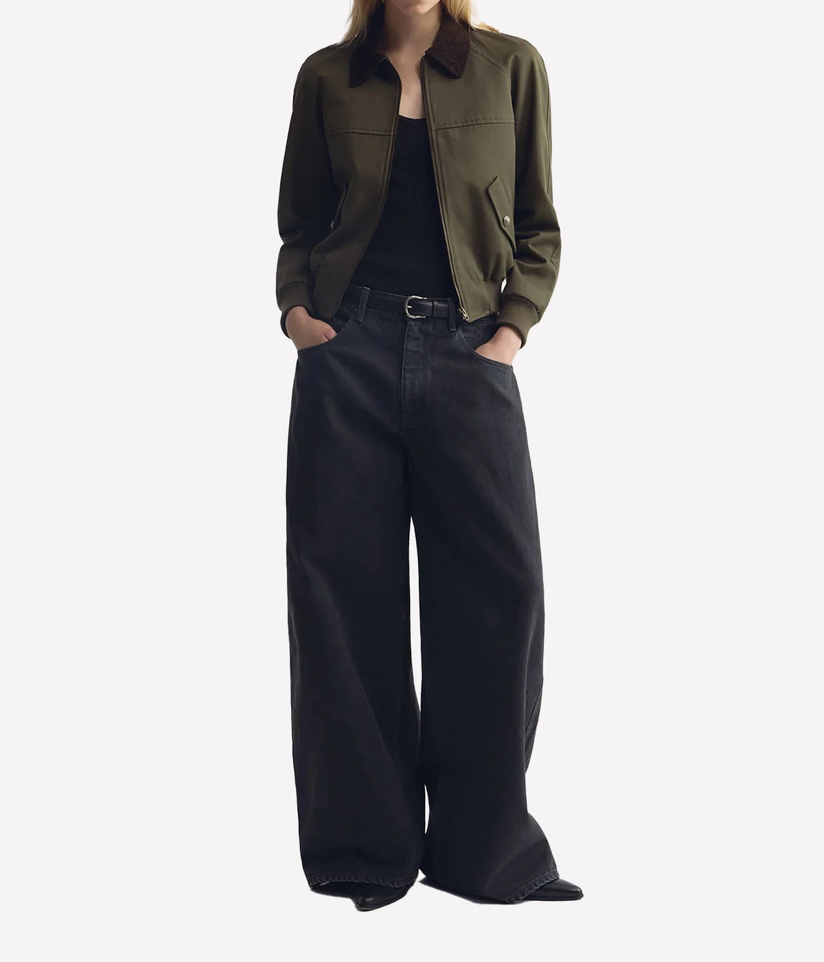 Nili Lotan Victor Bomber Jacket in Army Green, on model, full-length