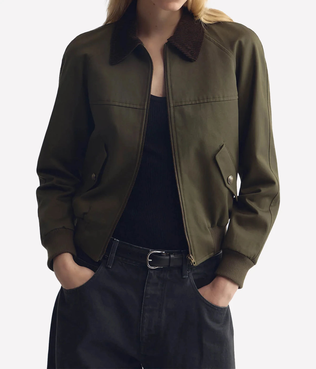Nili Lotan Victor Bomber Jacket in Army Green, on model, front