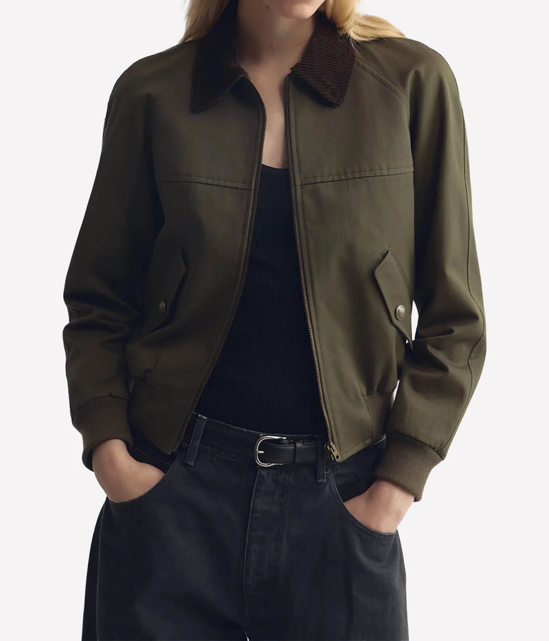 Nili Lotan Victor Bomber Jacket in Army Green, on model, front