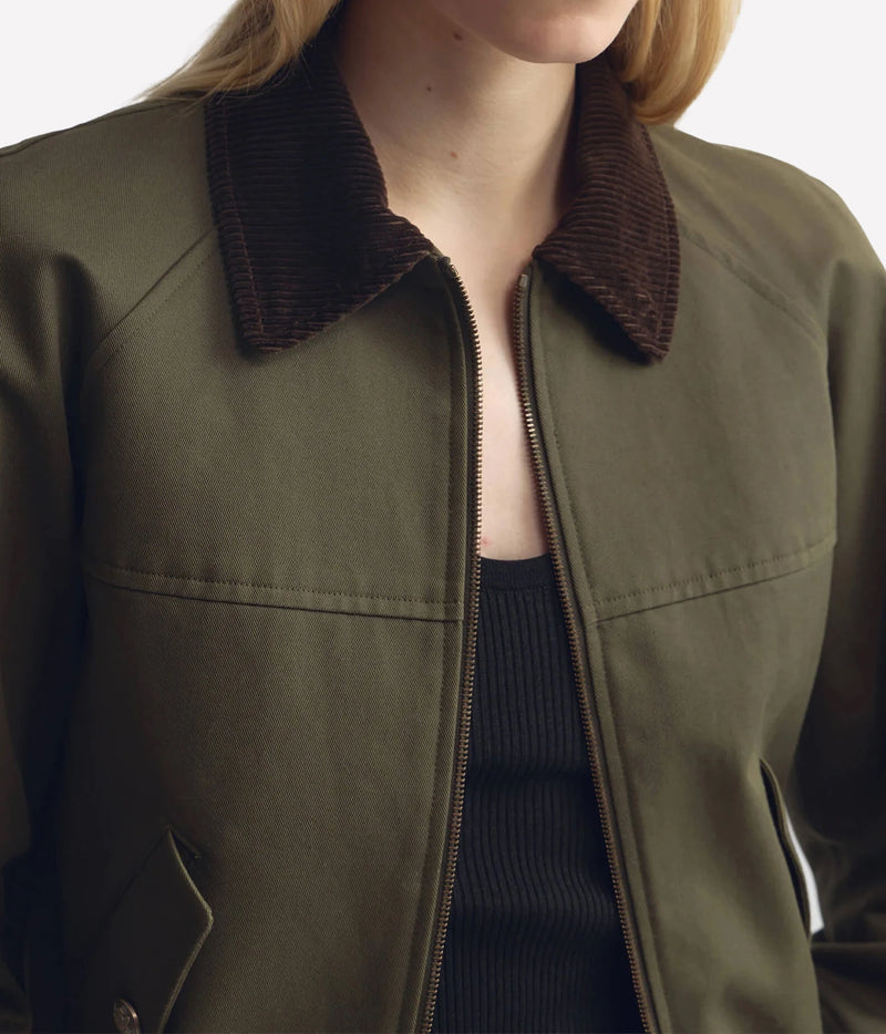 Nili Lotan Victor Bomber Jacket in Army Green, close-up of corduroy collar