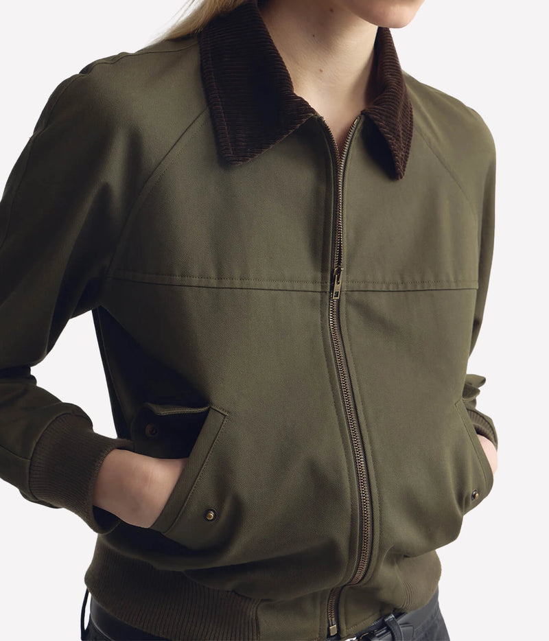 Nili Lotan Victor Bomber Jacket in Army Green, on model, angled view