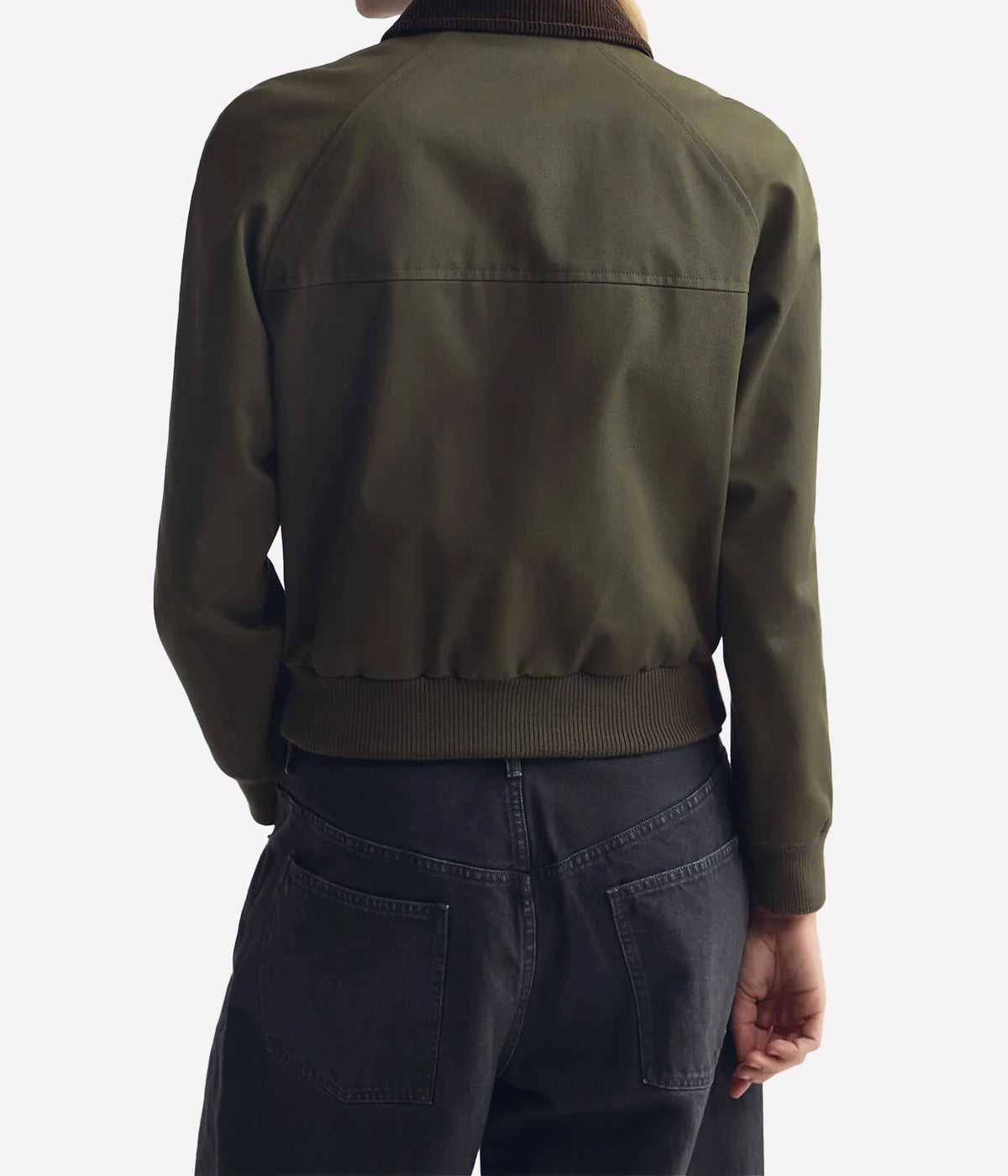 Nili Lotan Victor Bomber Jacket in Army Green, on model, back view