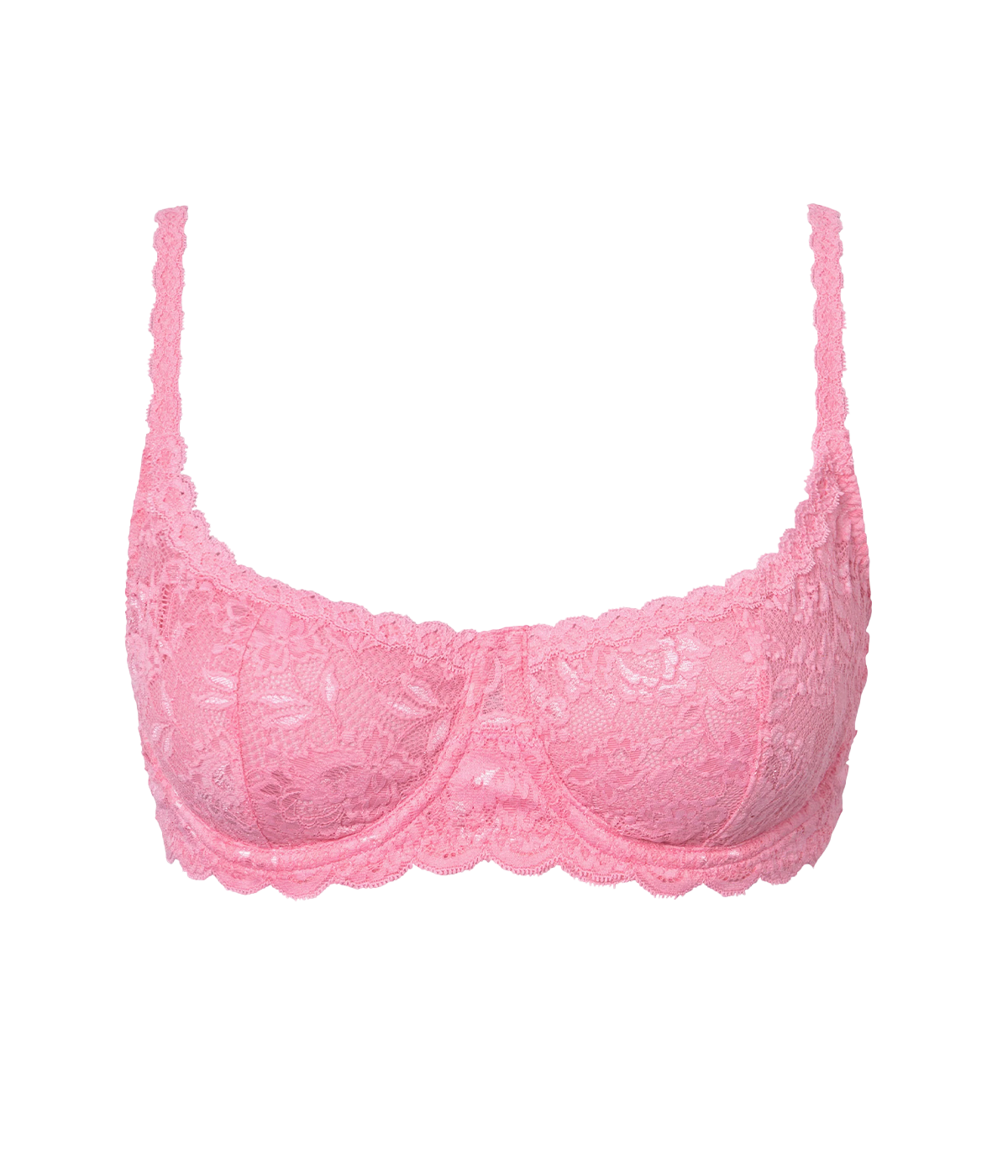 ALT text: Never Say Never lace balconette bra with scalloped edges and adjustable straps for a flattering fit.
