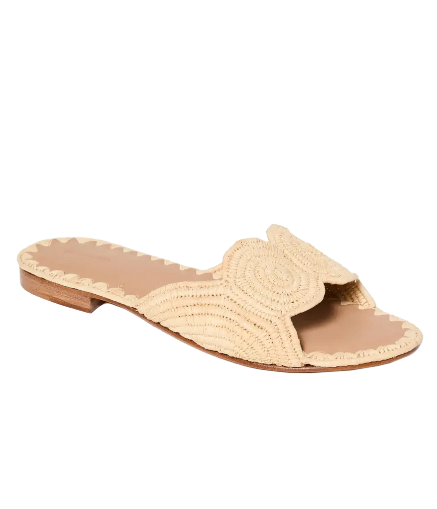 Raffia upper open-toe slip-on sandal. Leather lining and sole, handmade in Morrocco. Summer footwear, perfect for the beach and going out. 