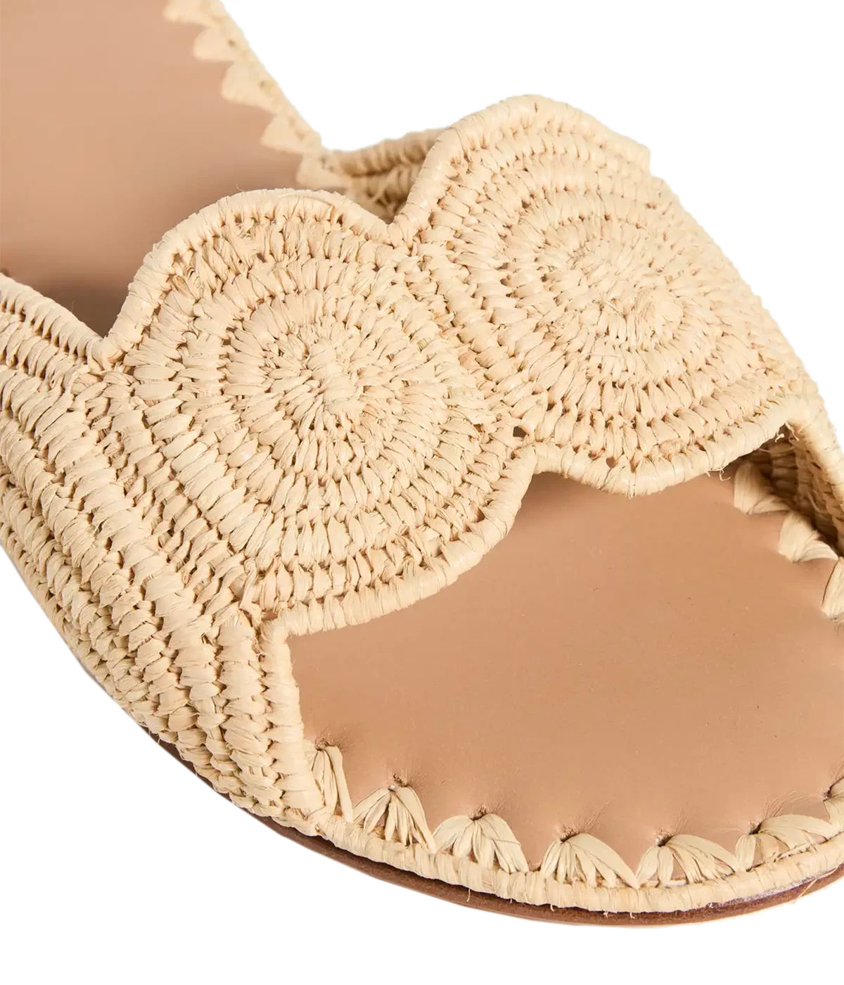 Detail shot of handwoven raffia upper. Whipstitch on leather insole. Handmade in Morrocco, summer slides by Carrie Forbes. 
