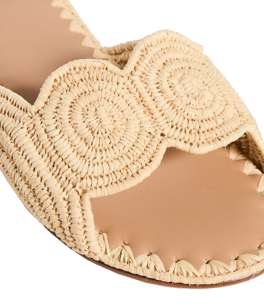Detail shot of handwoven raffia upper. Whipstitch on leather insole. Handmade in Morrocco, summer slides by Carrie Forbes. 