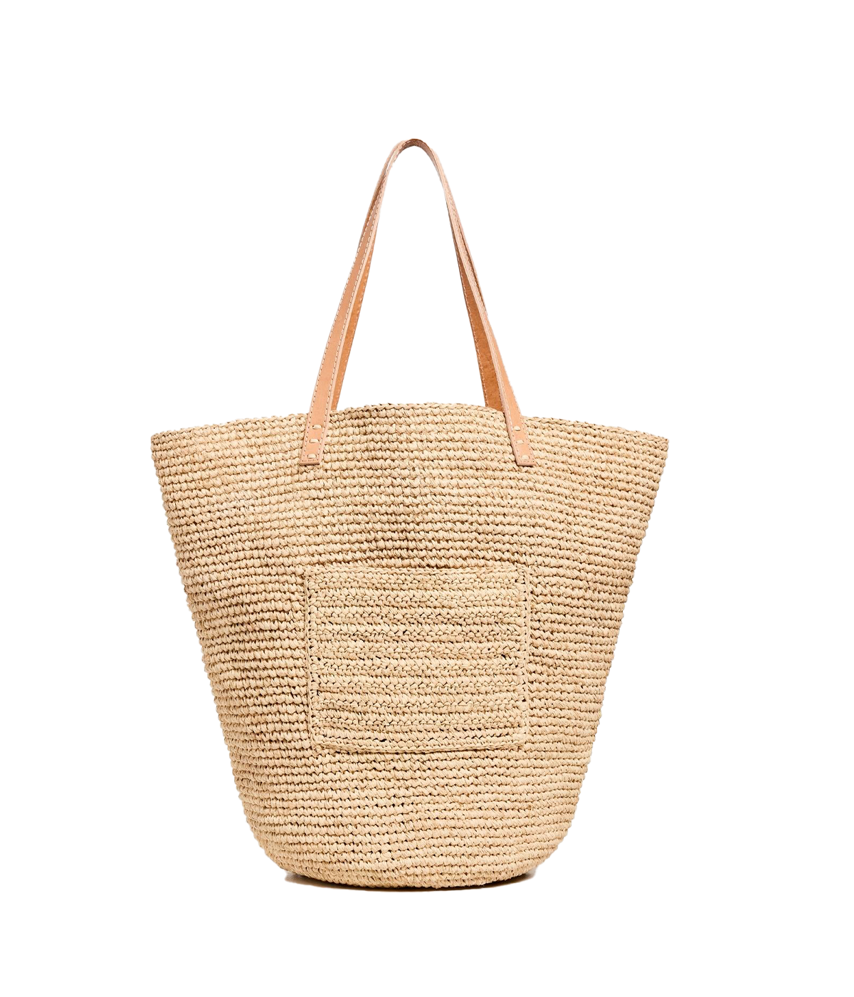 ALT text: Nat Tote in raffia with Zebu leather handles, exterior pocket for essentials, perfect for spring and summer outings.