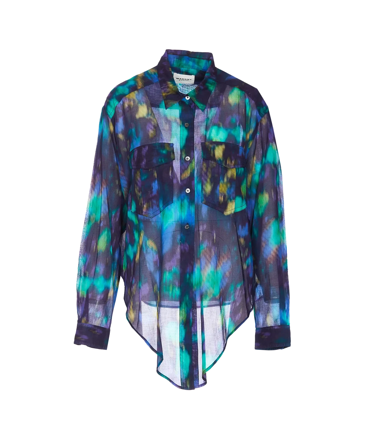 Long sleeve high low front button shirt by Isabel Marant. Wash and wear, bra friendly, versatile addition to your wardrobe. Bold blue hue tie dye pattern 