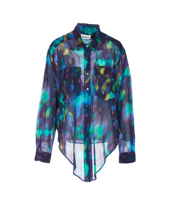 Long sleeve high low front button shirt by Isabel Marant. Wash and wear, bra friendly, versatile addition to your wardrobe. Bold blue hue tie dye pattern 