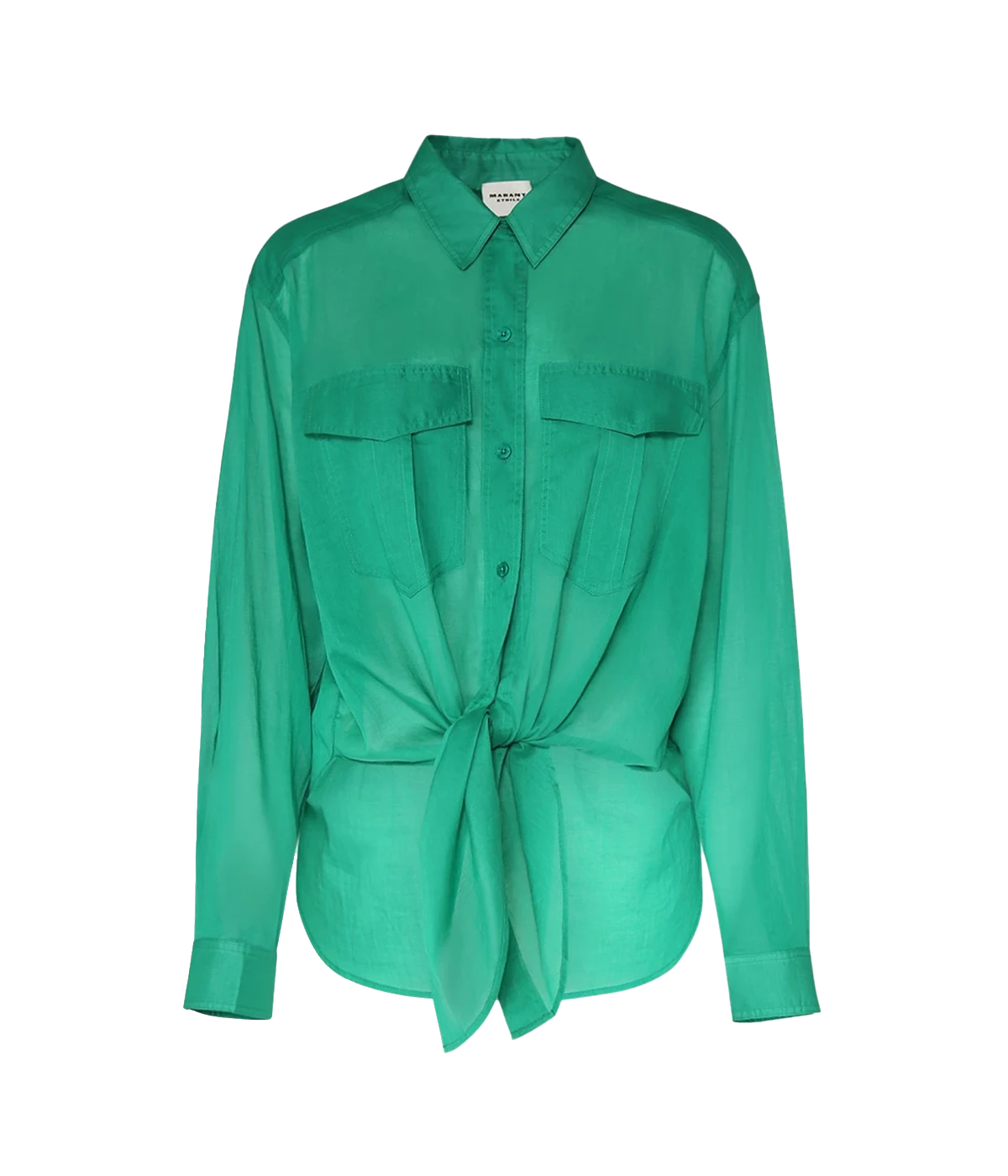 Long sleeve high low front button shirt by Isabel Marant. Wash and wear, bra friendly, versatile addition to your wardrobe. Vibrant emerald green cotton voile. 