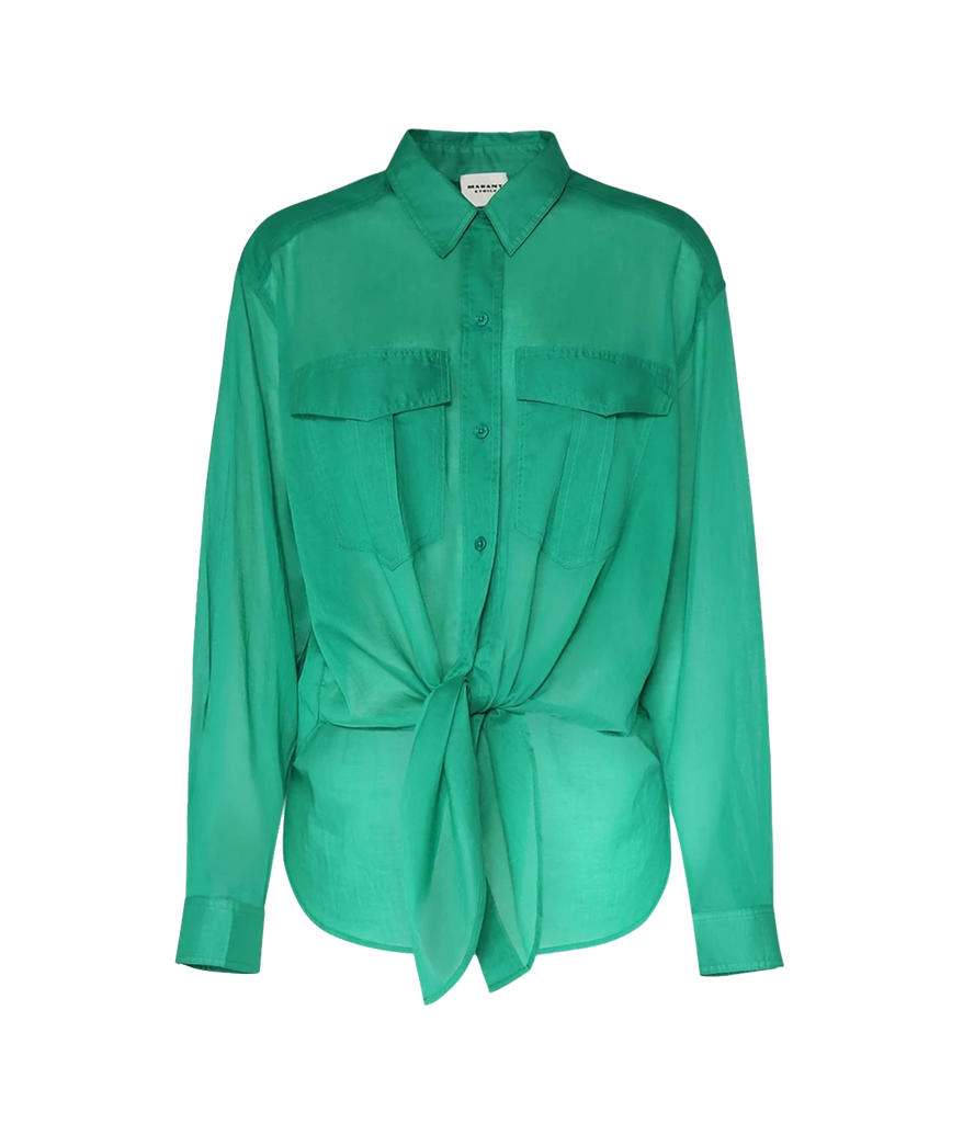 Long sleeve high low front button shirt by Isabel Marant. Wash and wear, bra friendly, versatile addition to your wardrobe. Vibrant emerald green cotton voile. 