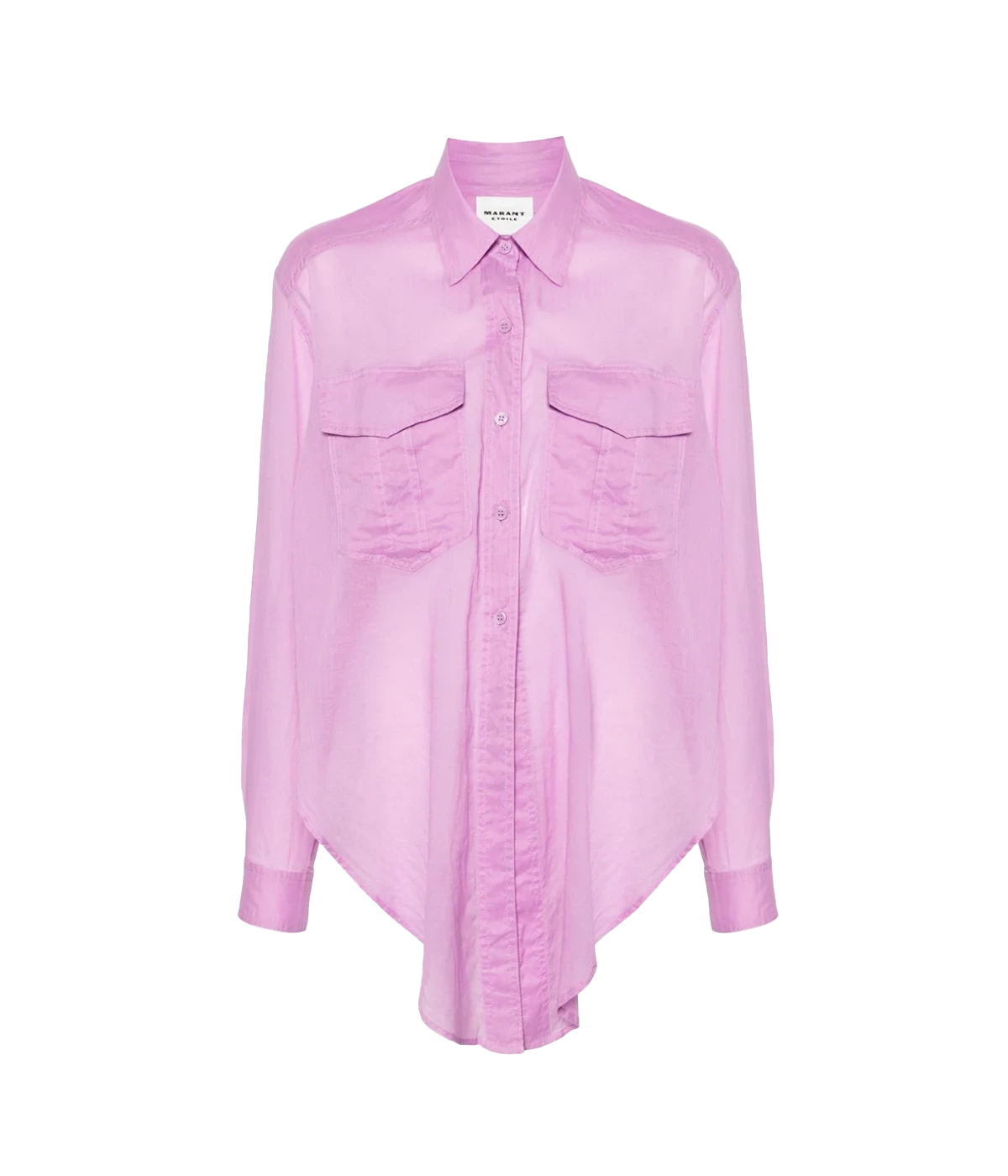 Long sleeve high low front button shirt by Isabel Marant. Wash and wear, bra friendly, versatile addition to your wardrobe. Isabel Marant signature mauve cotton voile. 