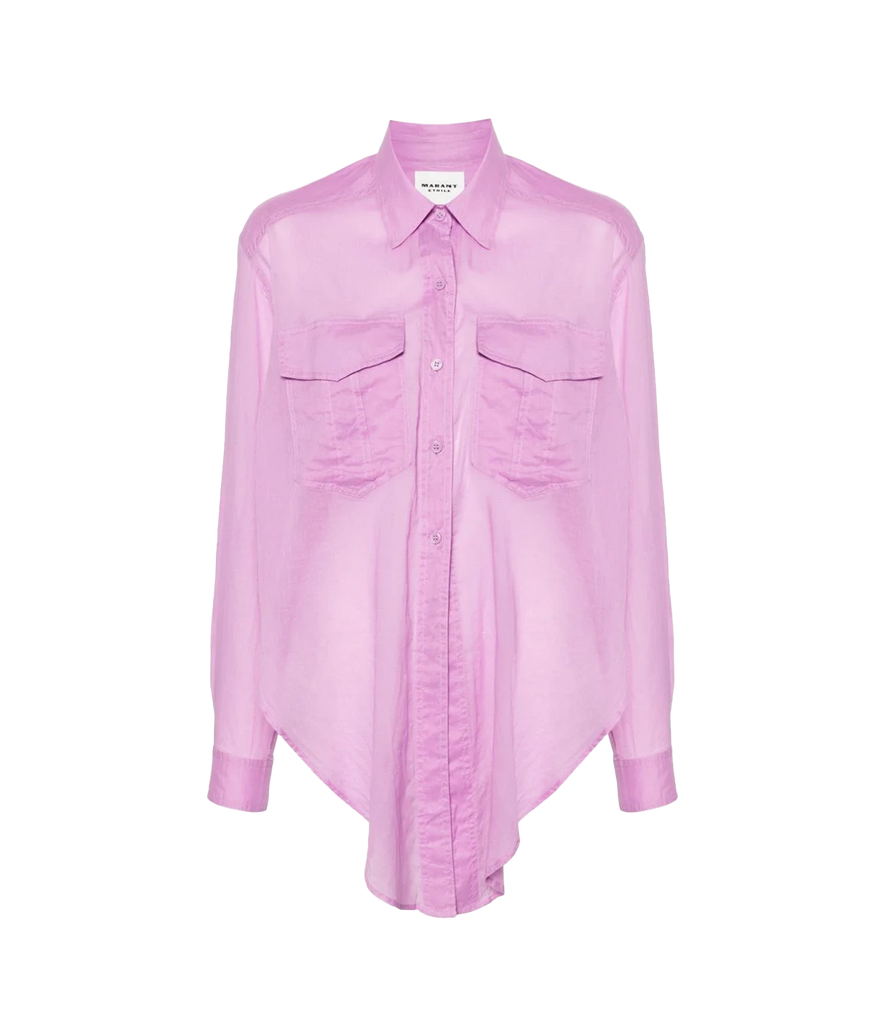 Long sleeve high low front button shirt by Isabel Marant. Wash and wear, bra friendly, versatile addition to your wardrobe. Isabel Marant signature mauve cotton voile. 