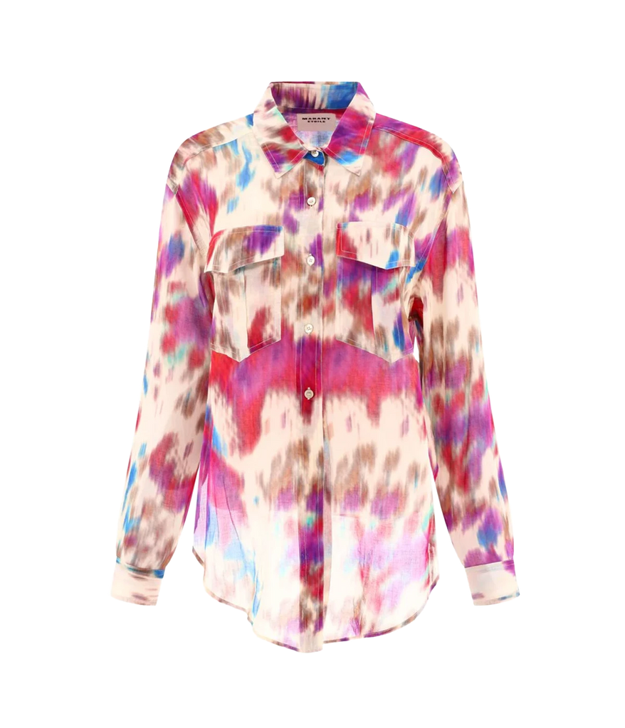 Long sleeve high low front button shirt by Isabel Marant. Wash and wear, bra friendly, versatile addition to your wardrobe. Bright raspberry and beige tie dye pattern