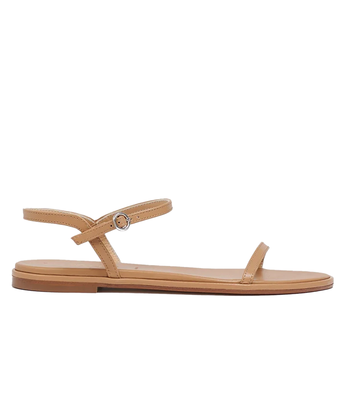  An everyday elevated flat sandal, with a minimalist design, ankle buckle strap, leather and toe strap all in a hazelnut colourway. Made in Italy, comfortable, Europe summer, everyday sandal.  