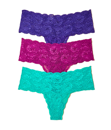 A three pack of Cosabellas bestselling cutie thong, a classic Italian lace thong, in a bright blue, hot pink and purple colourway. Comfortable, Italian lace, made in Italy, everyday underwear. 
