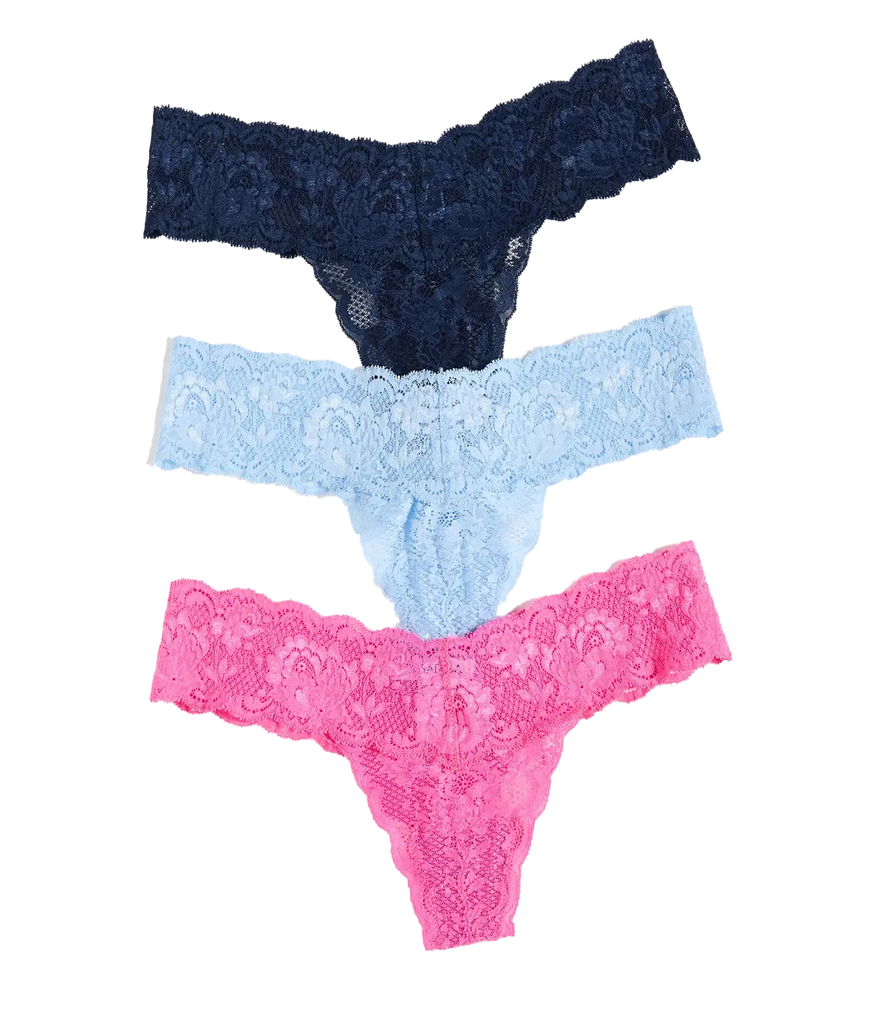 A 3 pack of italian lace thongs made with delicate italian lace scalloped edges, in a navy blue, baby blue and hot pink. Comfortable, everyday thong, Made in Italy, 100% lace, recovery.