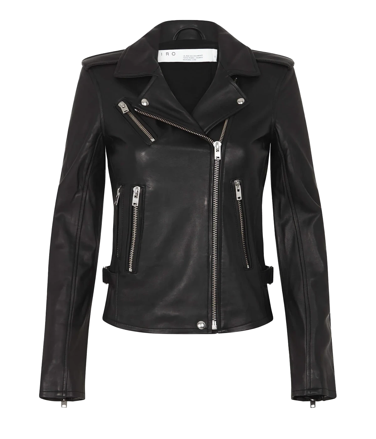 A classic black 100% leather jacket, with biker style, soft lamb leather, notches collar, a zip closure, zipper detailing. Timeless piece, comfortable, throw on and go, leather jacket, long sleeves.  