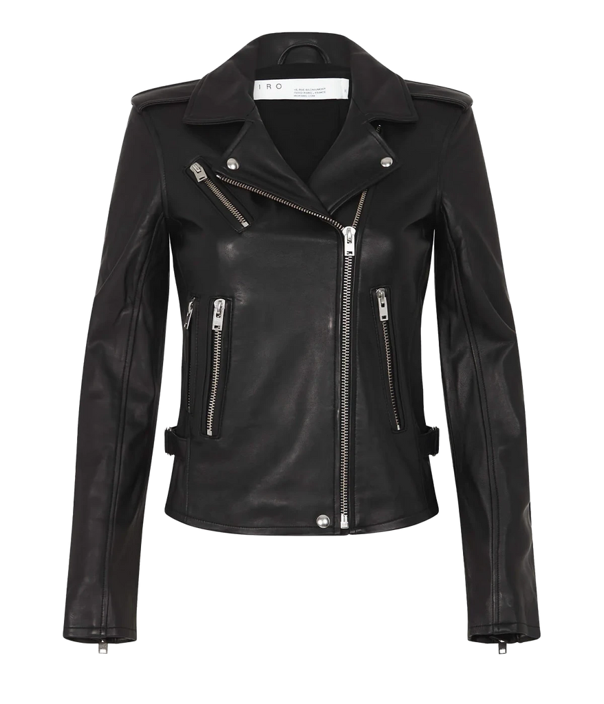 A classic black 100% leather jacket, with biker style, soft lamb leather, notches collar, a zip closure, zipper detailing. Timeless piece, comfortable, throw on and go, leather jacket, long sleeves.  