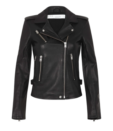A classic black 100% leather jacket, with biker style, soft lamb leather, notches collar, a zip closure, zipper detailing. Timeless piece, comfortable, throw on and go, leather jacket, long sleeves.  