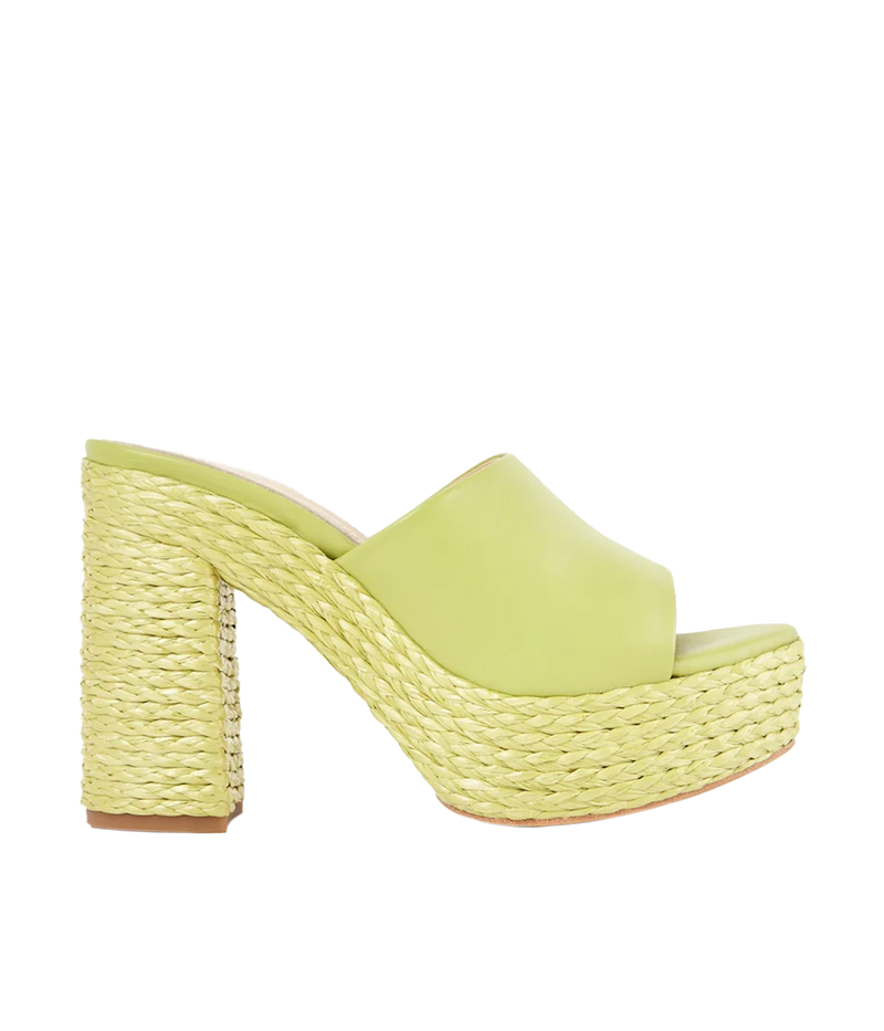ALT Text: Lime platform sandals with raffia-covered heels, leather construction, and a nonslip leather sole, perfect for adding a pop of colour to any outfit