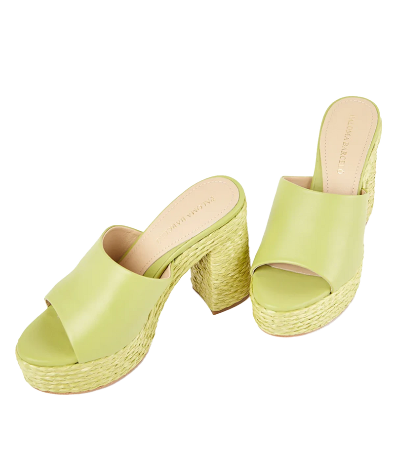 ALT Text: Lime platform sandals with raffia-covered heels, leather construction, and a nonslip leather sole, perfect for adding a pop of colour to any outfit