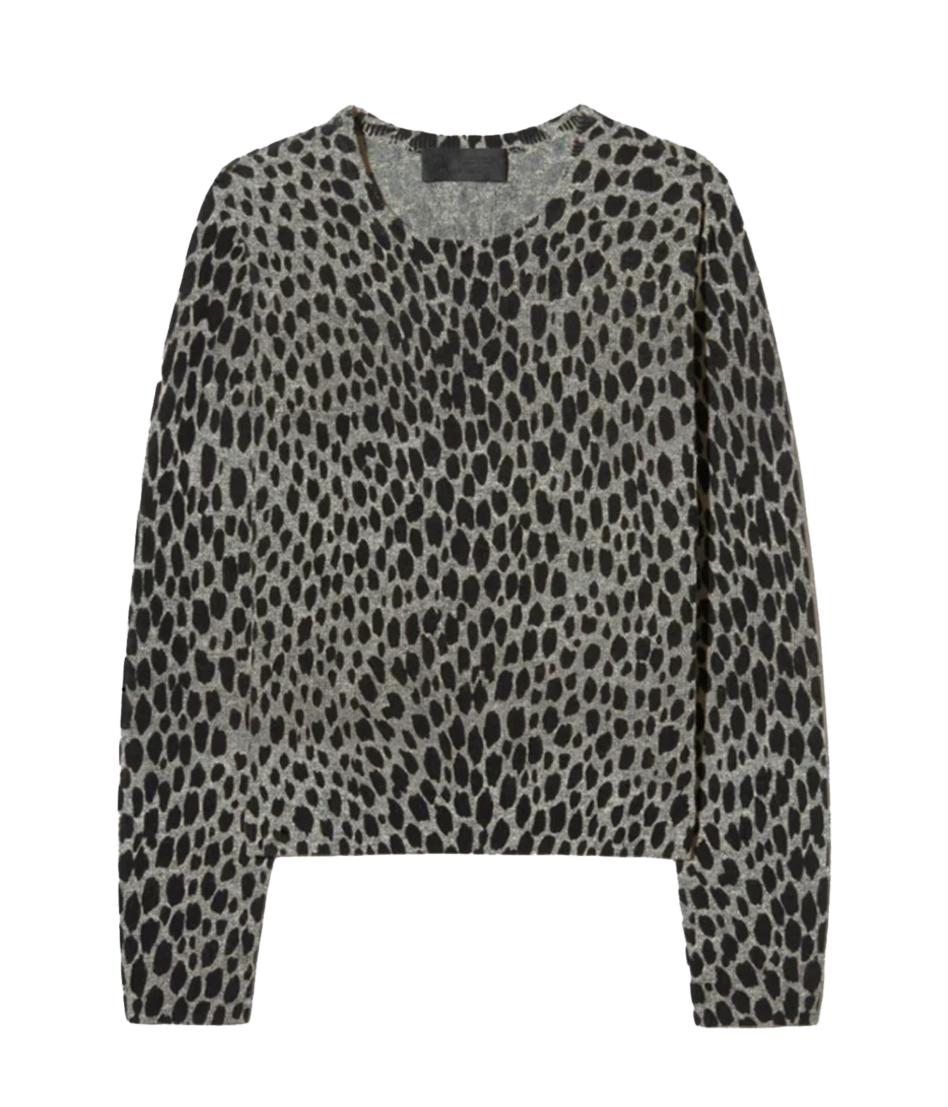 A long-sleeve knit top with a black leopard print pattern on a heather gray background, shown against a plain white background.