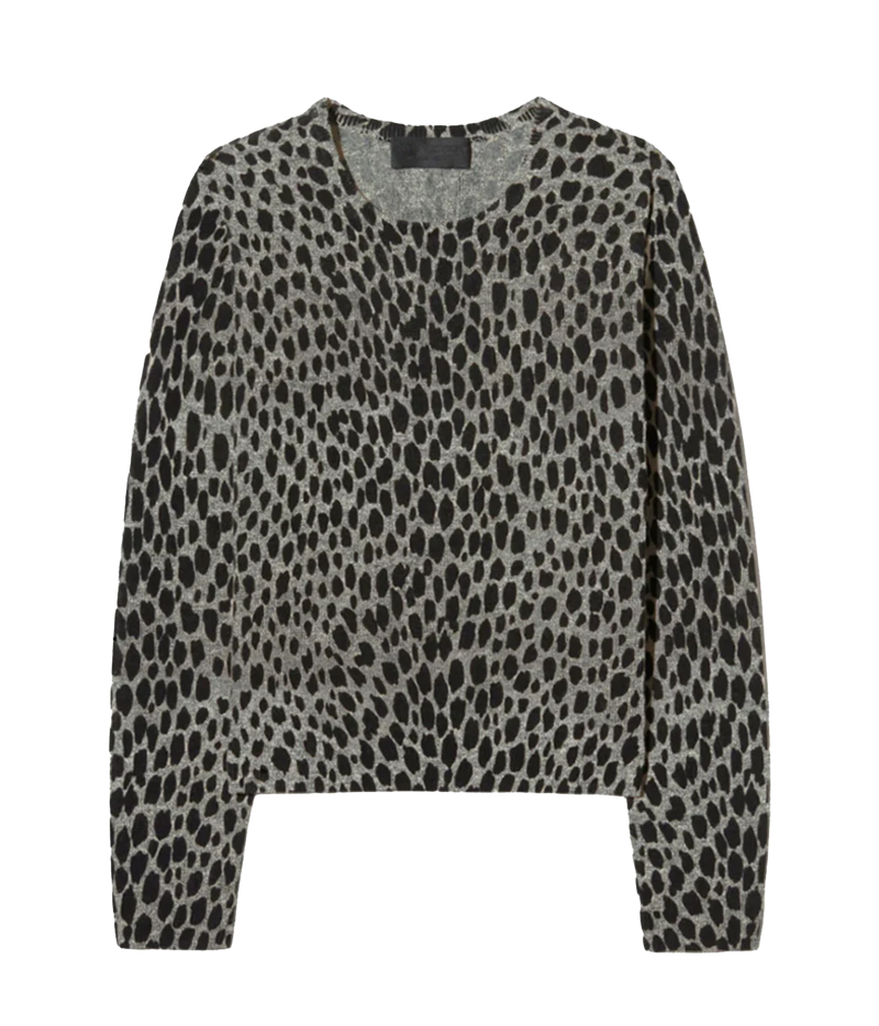 A long-sleeve knit top with a black leopard print pattern on a heather gray background, shown against a plain white background.