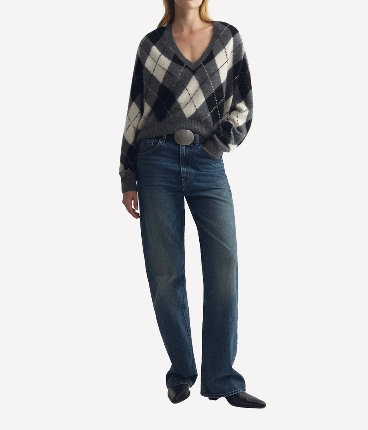 Nili Lotan Feron Argyle Sweater in Grey Ivory Argyle, full-length front view on model