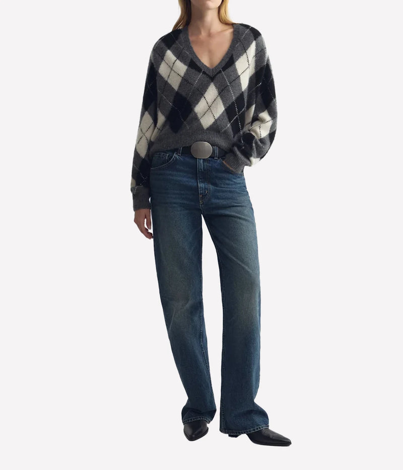 Nili Lotan Feron Argyle Sweater in Grey Ivory Argyle, full-length front view on model