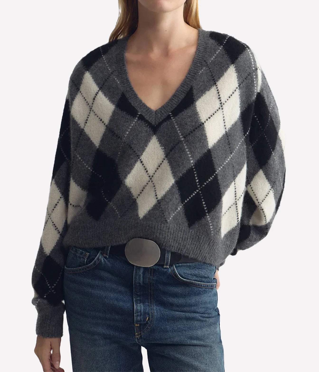 Nili Lotan Feron Argyle Sweater in Grey Ivory Argyle, close-up front view on model