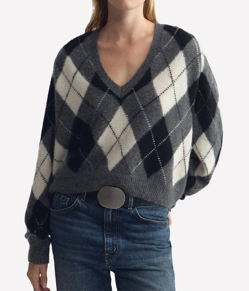Nili Lotan Feron Argyle Sweater in Grey Ivory Argyle, close-up front view on model