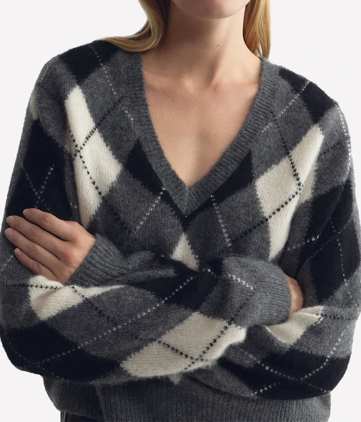 Nili Lotan Feron Argyle Sweater in Grey Ivory Argyle, close-up front view on model